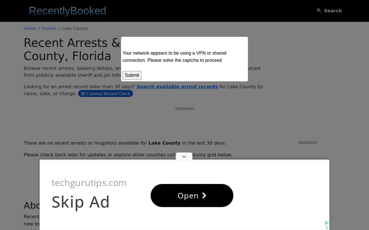 Unofficial Recently Booked Lake County mugshot archive section