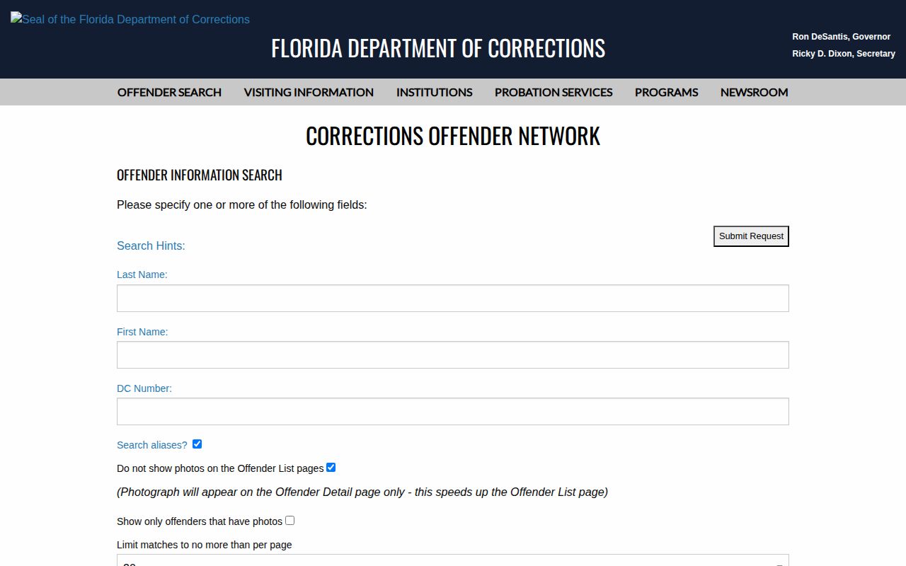 Florida corrections search for Lake County sentenced offender photo records