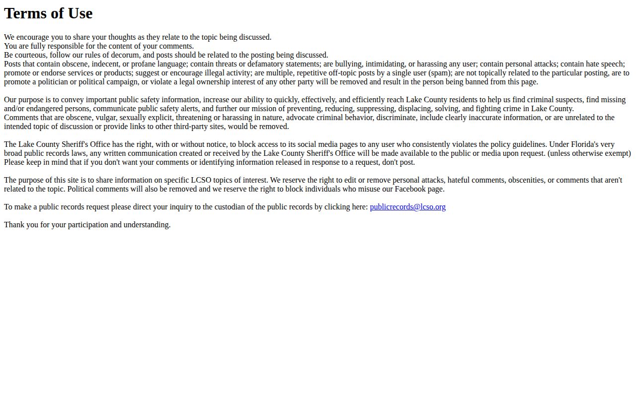 Lake County Sheriff's Office suspect alert and social-media policy record